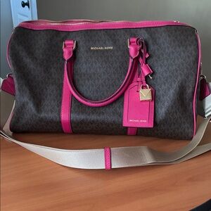 Michael Kors Brown Logo Travel Bag with Hot Pink Trim